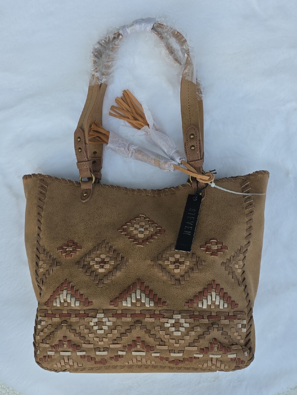 Steven Camel Tan Fuax Leather Tote Handbag Purse Woven Leather Faux Suede Tassel